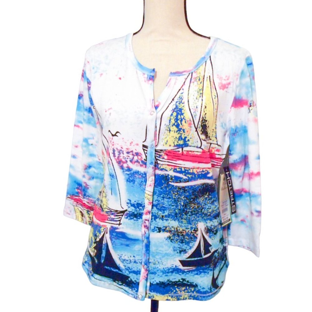 NEW Palm Harbour Sailboats Nautical V-Neck Snap Front Cotton Top Size S NWT $42
